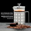 imageOVENTE French Press Coffee Maker 27 Ounce 4 Level Stainless Steel Filter System ampamp Heat Resistant Borosilicate Glass Portable Pitcher for Travel Gift Easy Clean Carafe w Scoop Silver FSS27PFSS27P