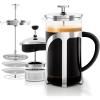 imageOVENTE 2in1 Coffee Press and Tea Maker with High Grade Stainless Steel Retractable Infuser Heat Tempered Borosilicate Glass and Silicone Handle 27 Ounce with Free Measuring Scoop Clear FGC27T34 Ounce