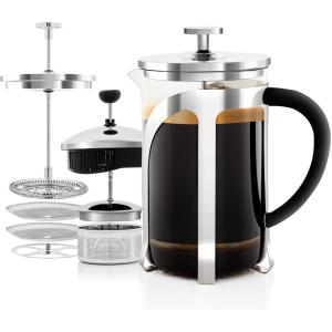 imageOVENTE 2in1 Coffee Press and Tea Maker with High Grade Stainless Steel Retractable Infuser Heat Tempered Borosilicate Glass and Silicone Handle 27 Ounce with Free Measuring Scoop Clear FGC27T27 Ounce