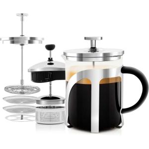 imageOVENTE 2in1 Coffee Press and Tea Maker with High Grade Stainless Steel Retractable Infuser Heat Tempered Borosilicate Glass and Silicone Handle 27 Ounce with Free Measuring Scoop Clear FGC27T20 Ounce