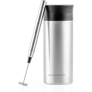 imageOvente 2 in 1 Silver Bundle Set with Stainless Steel Handheld Milk Frother and Vacuum Insulated 12 Ounce Travel Mug with Tea Infuser Compact and Portable Easy to Carry Perfect for the Coffee Lover