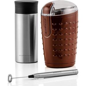 imageOvente Coffee Accessories Set with Vacuum Insulated 12 Ounce Travel Mug with Tea Infuser  Electric Stainless Steel Handheld Milk Frother  25 Ounce Electric Grinder for Coffee Spices or Herbs