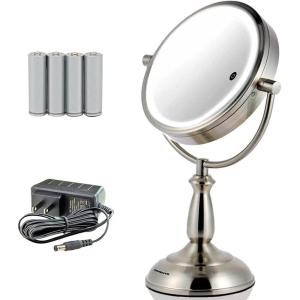 imageOvente 75quot Lighted Tabletop Vanity Makeup Mirror 1X ampamp 10X Magnifier Spinning Double Sided Round LED 3 Tone Smart Touch Auto Shut Off Timer Battery ampamp AC Plug Powered Antique Copper MPT75CO1X10XNickel Brushed
