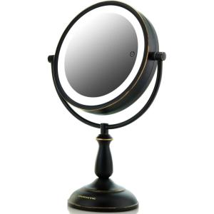 imageOvente 75quot Lighted Tabletop Vanity Makeup Mirror 1X ampamp 10X Magnifier Spinning Double Sided Round LED 3 Tone Smart Touch Auto Shut Off Timer Battery ampamp AC Plug Powered Antique Copper MPT75CO1X10XOil Rubbed Bronze