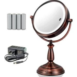 imageOvente 75quot Lighted Tabletop Vanity Makeup Mirror 1X ampamp 10X Magnifier Spinning Double Sided Round LED 3 Tone Smart Touch Auto Shut Off Timer Battery ampamp AC Plug Powered Antique Copper MPT75CO1X10XAntique Copper