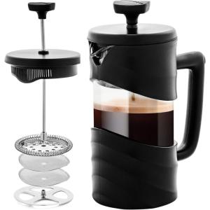 imageOvente French Press Coffee Tea and Espresso Maker Heat Resistant Borosilicate Glass with 4 Filter StainlessSteel System BPAFree Portable Pitcher Perfect for Hot ampamp Cold Brew 34oz Black FPT34BFPW  Black