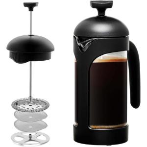 imageOvente French Press Coffee Tea and Espresso Maker Heat Resistant Borosilicate Glass with 4 Filter StainlessSteel System BPAFree Portable Pitcher Perfect for Hot ampamp Cold Brew 34oz Black FPT34BFPB  Black
