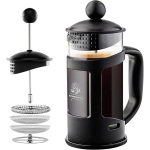 imageOvente French Press Coffee Tea and Espresso Maker Heat Resistant Borosilicate Glass with 4 Filter StainlessSteel System BPAFree Portable Pitcher Perfect for Hot ampamp Cold Brew 34oz Black FPT34BFPT  Black