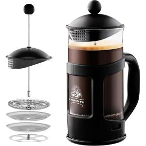 imageOvente French Press Coffee Tea and Espresso Maker Heat Resistant Borosilicate Glass with 4 Filter StainlessSteel System BPAFree Portable Pitcher Perfect for Hot ampamp Cold Brew 34oz Black FPT34BBlack