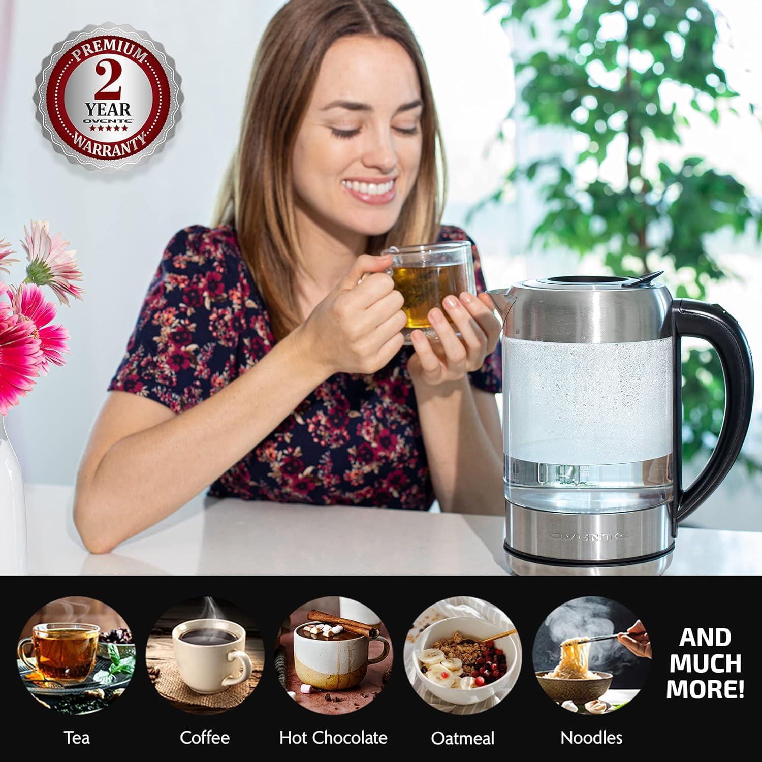 imageOVENTE Glass Electric Kettle Hot Water Boiler 17 Liter ProntoFill Tech w Stainless Steel Filter  1500W BPA Free Cordless Instant Water Heater Kettle for Coffee ampamp Tea Maker  Silver KG612SGlass Kettle