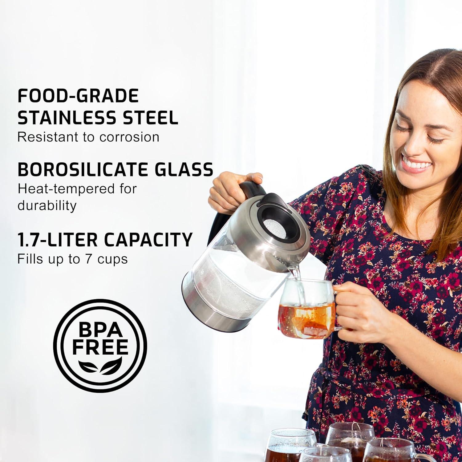 imageOVENTE Glass Electric Kettle Hot Water Boiler 17 Liter ProntoFill Tech w Stainless Steel Filter  1500W BPA Free Cordless Instant Water Heater Kettle for Coffee ampamp Tea Maker  Silver KG612SGlass Kettle