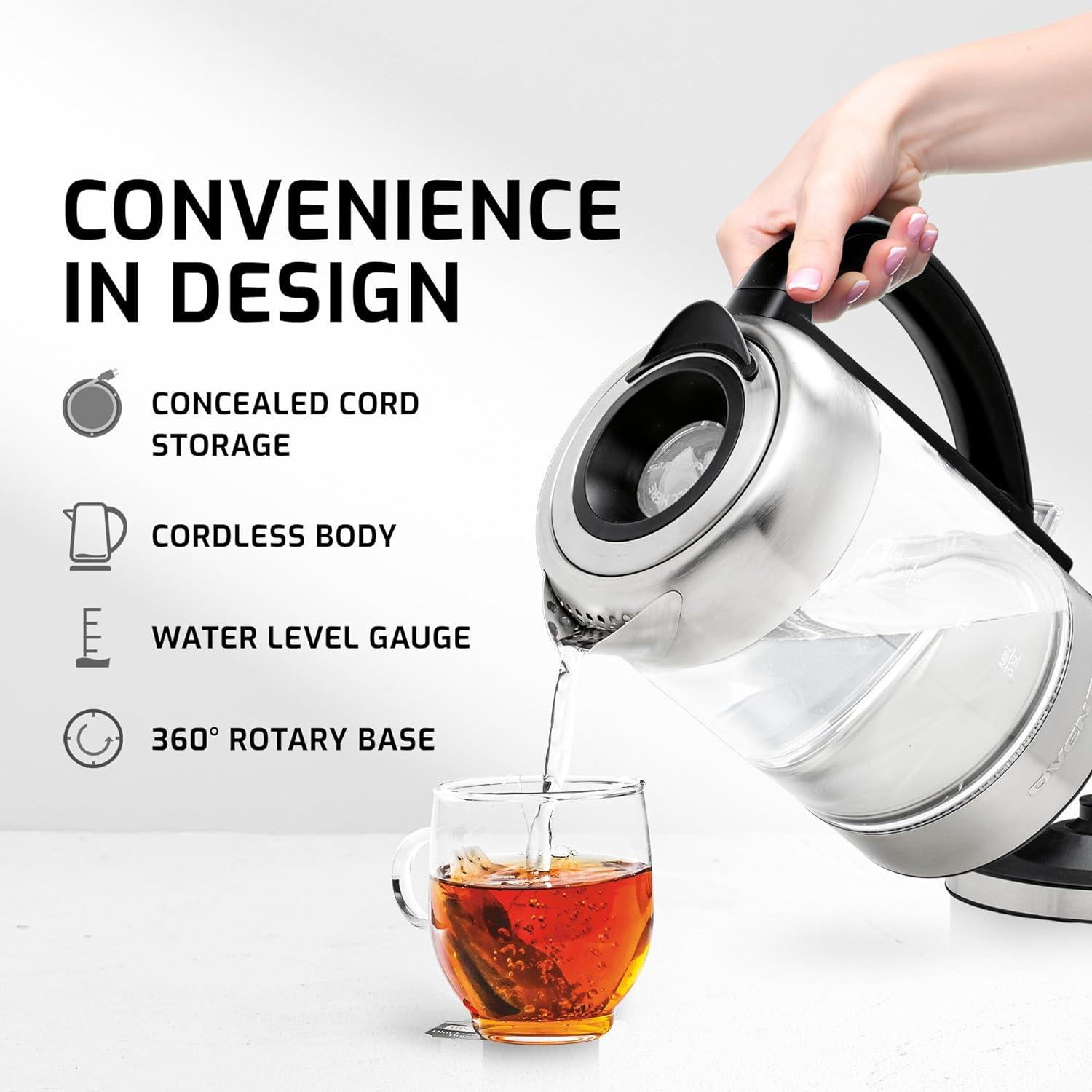 imageOVENTE Glass Electric Kettle Hot Water Boiler 17 Liter ProntoFill Tech w Stainless Steel Filter  1500W BPA Free Cordless Instant Water Heater Kettle for Coffee ampamp Tea Maker  Silver KG612SGlass Kettle