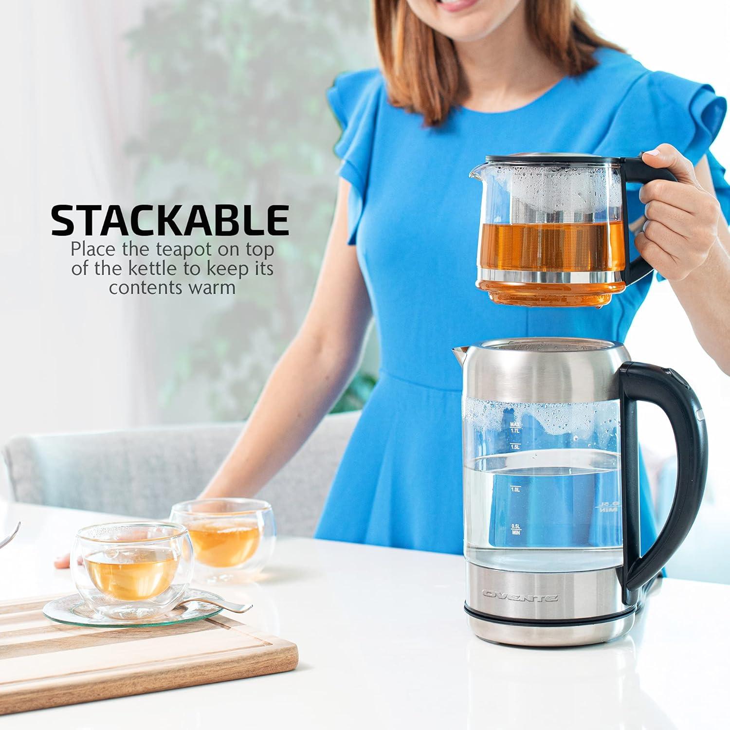 imageOVENTE Glass Electric Kettle Hot Water Boiler 17 Liter ProntoFill Tech w Stainless Steel Filter  1500W BPA Free Cordless Instant Water Heater Kettle for Coffee ampamp Tea Maker  Silver KG612SClear  Teapot