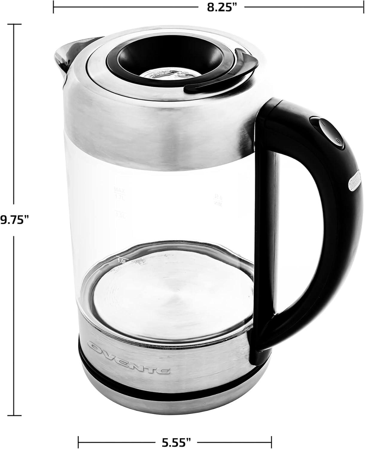 imageOVENTE Glass Electric Kettle Hot Water Boiler 17 Liter ProntoFill Tech w Stainless Steel Filter  1500W BPA Free Cordless Instant Water Heater Kettle for Coffee ampamp Tea Maker  Silver KG612SClear