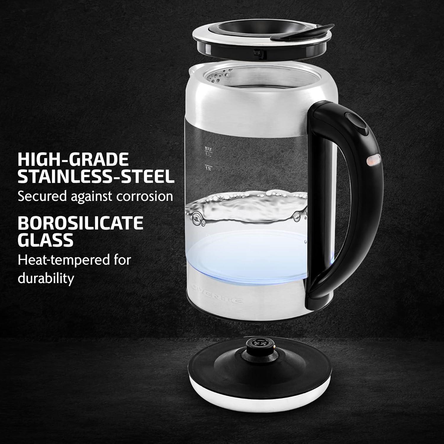 imageOVENTE Glass Electric Kettle Hot Water Boiler 17 Liter ProntoFill Tech w Stainless Steel Filter  1500W BPA Free Cordless Instant Water Heater Kettle for Coffee ampamp Tea Maker  Silver KG612SClear