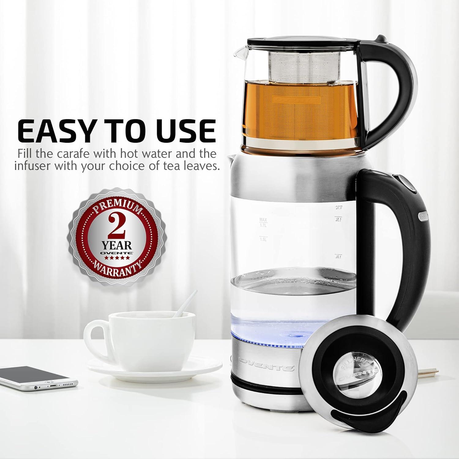 imageOVENTE Glass Electric Kettle Hot Water Boiler 17 Liter ProntoFill Tech w Stainless Steel Filter  1500W BPA Free Cordless Instant Water Heater Kettle for Coffee ampamp Tea Maker  Silver KG612SClear  Teapot