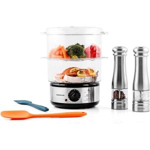 imageOvente 4 in 1 Limited Bundle Set with Electric Food Steamer  Electric Salt and Pepper Grinder Set  2 Pieces Premium Silicone Spatula with Stainless Steel Core Healthiest Kitchen Combo for Family