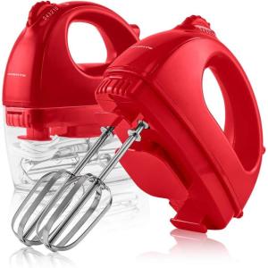 imageOVENTE Portable Electric Hand Mixer 5 Speed Mixing 150W Powerful Blender for Baking ampamp Cooking with 2 Stainless Steel Chrome Beater Attachments ampamp Snap Clear Case Compact Easy Storage Turquoise HM161TMixer  Red