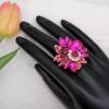 imageCSY Luxury Womens Austrian Crystal Leaves Flower Big Cocktail Statement Rings Stretch Adjustable Ring Jewelry Accessorieshot pink crystalgold tone
