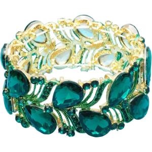 imageCSY Elegant Stretch Bangle Bracelets Bridal Art Deco Teardrop Crystal Elastic Wide Statement Bracelet for Women Party Promemerald greengold tone