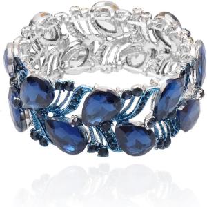 imageCSY Elegant Stretch Bangle Bracelets Bridal Art Deco Teardrop Crystal Elastic Wide Statement Bracelet for Women Party Promnavy blueplatinum tone
