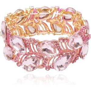 imageCSY Elegant Stretch Bangle Bracelets Bridal Art Deco Teardrop Crystal Elastic Wide Statement Bracelet for Women Party Prompink crystalgold tone