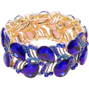 imageCSY Elegant Stretch Bangle Bracelets Bridal Art Deco Teardrop Crystal Elastic Wide Statement Bracelet for Women Party Promroyal blue crystalgold tone