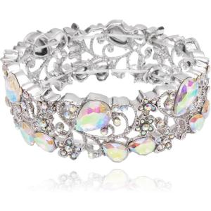 imageCSY Elegant Stretch Bangles Art Deco Statement Cuff Bangle Elastic Wide Bracelet Wedding Party Prom Jewelry for WomenAB crystalPlatinum Tone