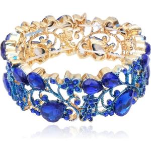 imageCSY Elegant Stretch Bangles Art Deco Statement Cuff Bangle Elastic Wide Bracelet Wedding Party Prom Jewelry for Womenroyal bluegold tone