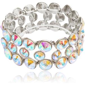 imageCSY Elegant Wide Stretch Bangle Bracelet for Bride Women Round Crystal Statement Art Deco Costume Jewelry for Wedding Party PromIridescent AB Crystal  platinum plated