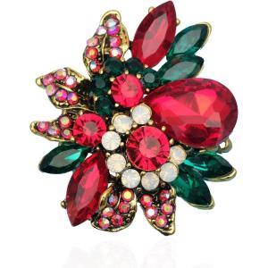 imageCSY Luxury Womens Austrian Crystal Leaves Flower Big Cocktail Statement Rings Stretch Adjustable Ring Jewelry AccessoriesRed