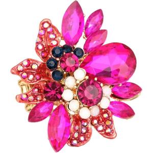 imageCSY Luxury Womens Austrian Crystal Leaves Flower Big Cocktail Statement Rings Stretch Adjustable Ring Jewelry Accessorieshot pink crystalgold tone