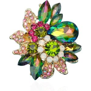 imageCSY Luxury Womens Austrian Crystal Leaves Flower Big Cocktail Statement Rings Stretch Adjustable Ring Jewelry Accessoriesmagic color