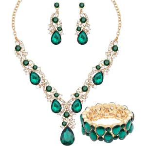 imageCSY Womens Elegant Bridal Necklace Earrings Stretch Bangle Set for Bride Bridesmaid Wedding Costume Jewelry Sets emerald greengold tone