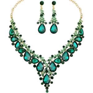imageCSY Womens Elegant Wedding Jewelry Set Teardrop Crystal Statement Necklace Earrings Sets for Bride Prom Costume Accessoriesgreen