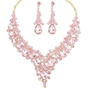 imageCSY Womens Elegant Wedding Jewelry Set Teardrop Crystal Statement Necklace Earrings Sets for Bride Prom Costume Accessoriespink