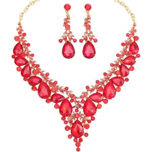 imageCSY Womens Elegant Wedding Jewelry Set Teardrop Crystal Statement Necklace Earrings Sets for Bride Prom Costume Accessoriesred