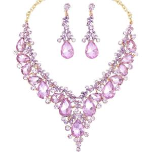 imageCSY Womens Elegant Wedding Jewelry Set Teardrop Crystal Statement Necklace Earrings Sets for Bride Prom Costume Accessoriesviolet