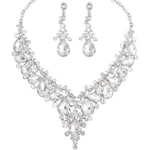 imageCSY Womens Elegant Wedding Jewelry Set Teardrop Crystal Statement Necklace Earrings Sets for Bride Prom Costume Accessorieswhitesilver tone