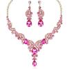 imageCSY Elegant Crystal Bridal Necklace Earrings Set Rhinestone Wedding Party Costume Jewelry Sets for Brides Bridesmaid WomenHot Pink