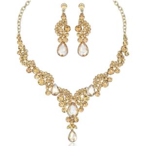 imageCSY Elegant Crystal Bridal Necklace Earrings Set Rhinestone Wedding Party Costume Jewelry Sets for Brides Bridesmaid WomenChampagne Gold