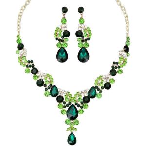 imageCSY Elegant Crystal Bridal Necklace Earrings Set Rhinestone Wedding Party Costume Jewelry Sets for Brides Bridesmaid WomenGreen