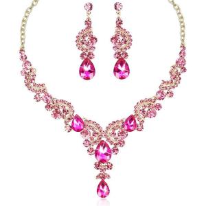 imageCSY Elegant Crystal Bridal Necklace Earrings Set Rhinestone Wedding Party Costume Jewelry Sets for Brides Bridesmaid WomenHot Pink