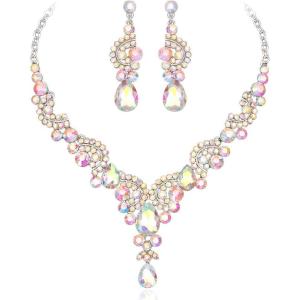 imageCSY Elegant Crystal Bridal Necklace Earrings Set Rhinestone Wedding Party Costume Jewelry Sets for Brides Bridesmaid WomenIridescent AB Crystal  Silver tone
