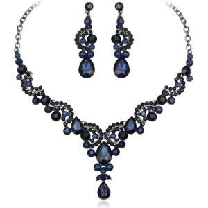 imageCSY Elegant Crystal Bridal Necklace Earrings Set Rhinestone Wedding Party Costume Jewelry Sets for Brides Bridesmaid WomenNavy Blue