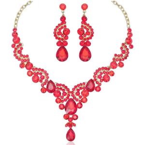 imageCSY Elegant Crystal Bridal Necklace Earrings Set Rhinestone Wedding Party Costume Jewelry Sets for Brides Bridesmaid WomenRed
