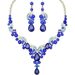 imageCSY Elegant Crystal Bridal Necklace Earrings Set Rhinestone Wedding Party Costume Jewelry Sets for Brides Bridesmaid WomenRoyal Blue