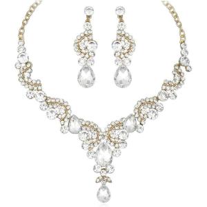 imageCSY Elegant Crystal Bridal Necklace Earrings Set Rhinestone Wedding Party Costume Jewelry Sets for Brides Bridesmaid WomenWhite CrystalGold Tone