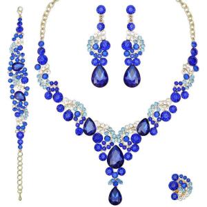 imageCSY Elegant Crystal Necklace Earrings Bracelet Ring Bridal Wedding Party Costume Jewelry Sets for Brides Women4 PcsSetGold Plated  Royal Blue