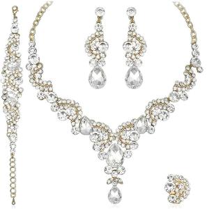 imageCSY Elegant Crystal Necklace Earrings Bracelet Ring Bridal Wedding Party Costume Jewelry Sets for Brides Women4 PcsSetGold Plated  White
